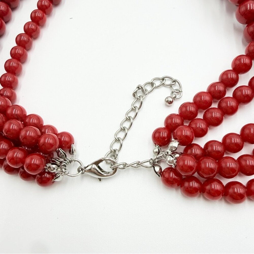Vintage Red Beaded Multi Strand Statement Necklace Bold Chunky Bib - Picture 6 of 7